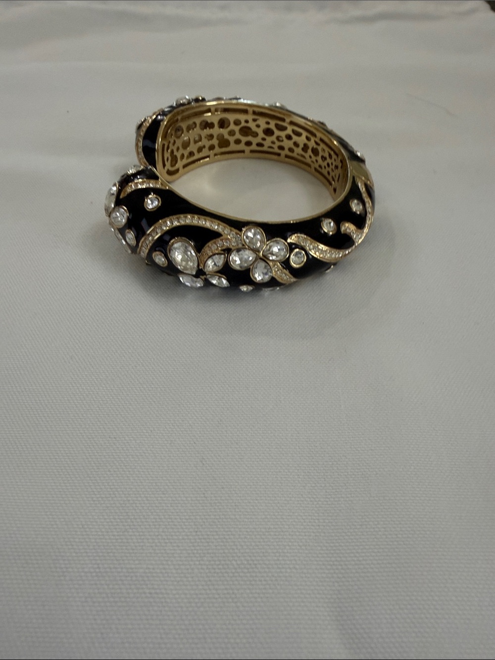 Joan Boyce Gold-Tone Black Crystal Floral Bangle hinged Bracelet